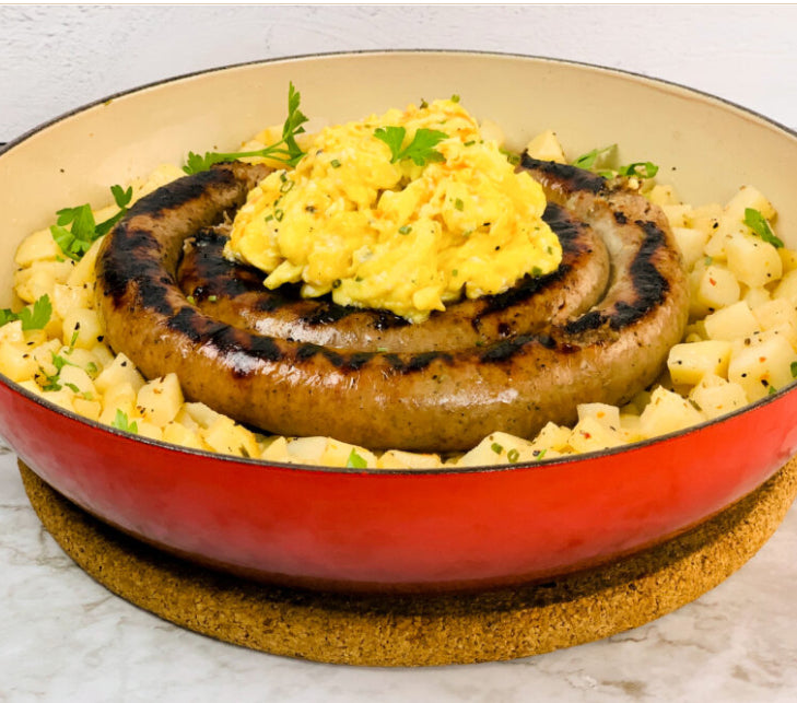 GRILLED SAUSAGE COIL WITH POTATOES AND EGGS BY OHIOEGGS.COM