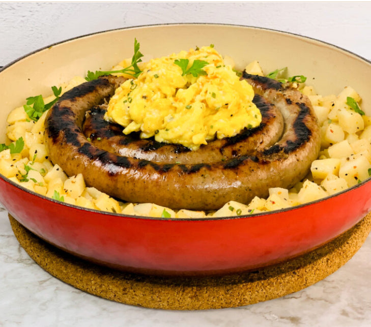 Grilled Sausage Coil With Potatoes And Eggs By OhioEggs.com