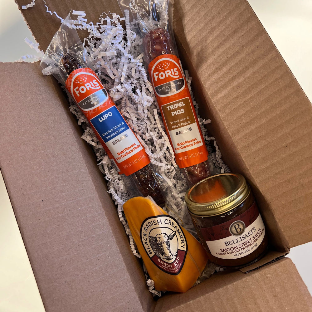 Beer Lovers Charcuterie Kit, featuring 2 of our fan-favorite salamis, each flavored with a different Ohio craft beer, along with a robust cheddar cheese, and a deliciously tangy mustard made with a Pale Ale.